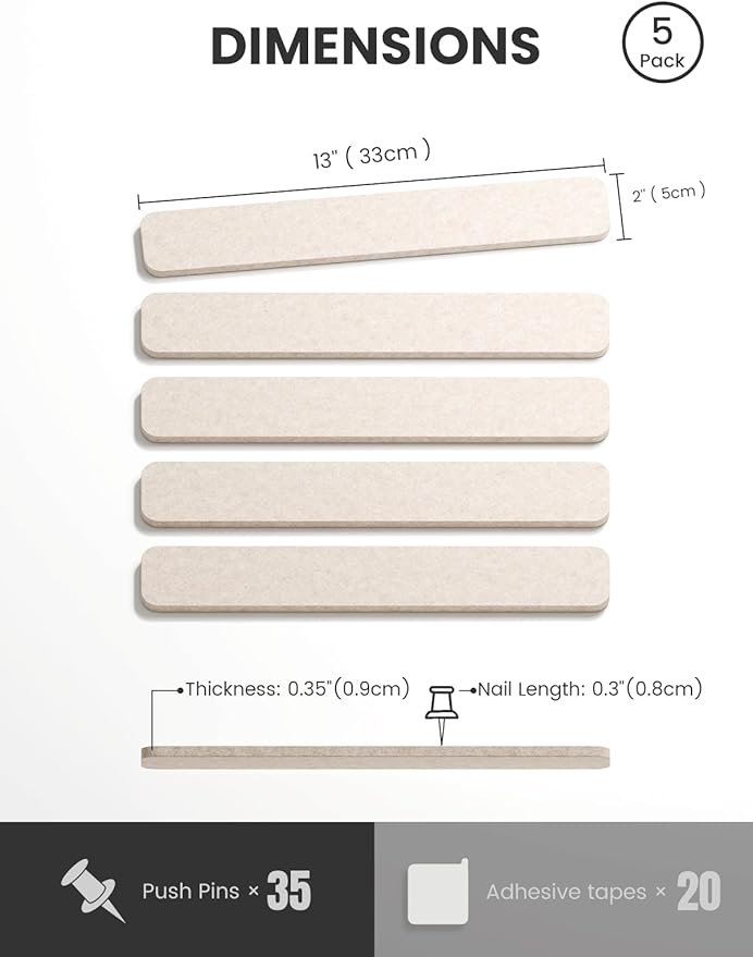 Cork Board Alternative Felt Strip Board 5-Pack 13"x2", Office Pin Board with 35 Push Pins, Adhesive Install for Bedroom Door & Home Office(Oatmeal)