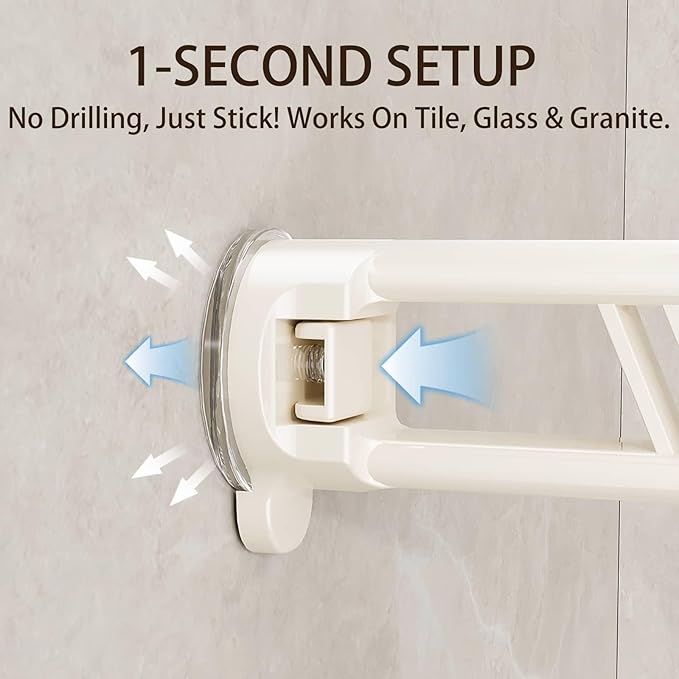 20" Shower Caddy Suction Cup, Concealed Shower Shelves Suction Cup with Hooks & Towel Bar, NO-Drilling Suction Shelf for Bathroom & Kitchen - White