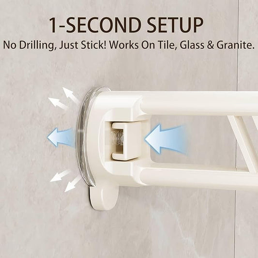 12" Shower Caddy Suction Cup, Concealed Shower Shelves Suction Cup with Hooks & Towel Bar, NO-Drilling Suction Shelf for Bathroom & Kitchen - White