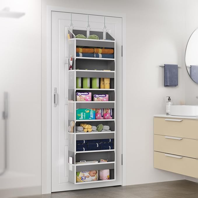 Over the Door Organizer with 5 Front & 10 Mesh Side Pockets, 50LB Capacity Extra Large Hanging Storage Organizer Multi-Room Space-Saving Design with 3 Hook for Closet, Bathroom, Kitchen, Pantry, Grey