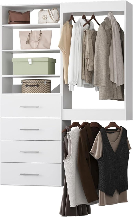 64" Wide Modular Closet Organizer With Tower and Drawers, Wood Storage for Walk In Closets, Wall Mounted Wardrobe Kit, Bedroom, White