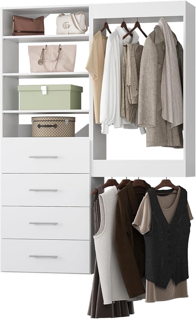 Modular Closet, 46" Wide Organizer with Tower and Drawers, Wood Tower Storage for Walk-In Closets, Wall-Mounted Wardrobe Organizer, White