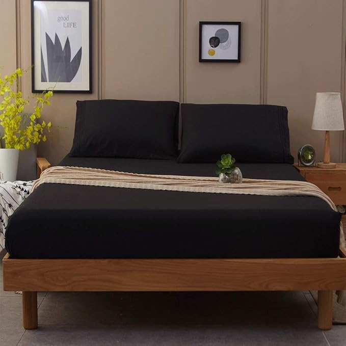 SONORO KATE Bed Sheet Set Super Soft Microfiber 1800 Thread Count Luxury Egyptian Sheets Fit 18-24 Inch Deep Pocket Mattress Wrinkle-4 Piece (Black, California King)