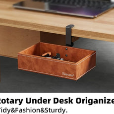 PU Leather Under Desk Drawer Organizer, 360° Rotating Clamp for Stationery, Remote Control, Phone & Pencil Storage, Computer Desk Accessories (Brown)