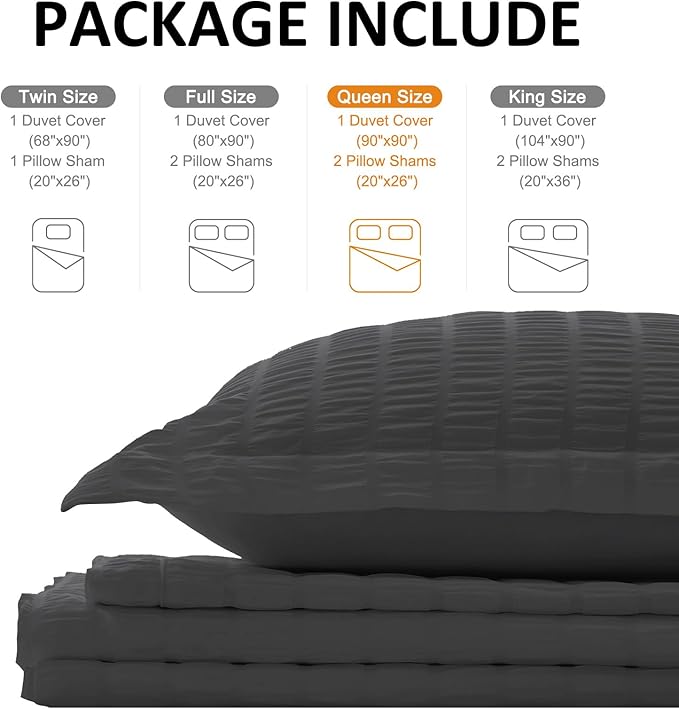Cozyide Dark Grey Duvet Cover Queen Size, 3 Pieces Bedding Duvet Covers, Breathable Seersucker Duvet Cover Set with Zipper Closure and Corner Ties (1 Duvet Cover 90"x90" + 2 Pillow Shams 20"x26")