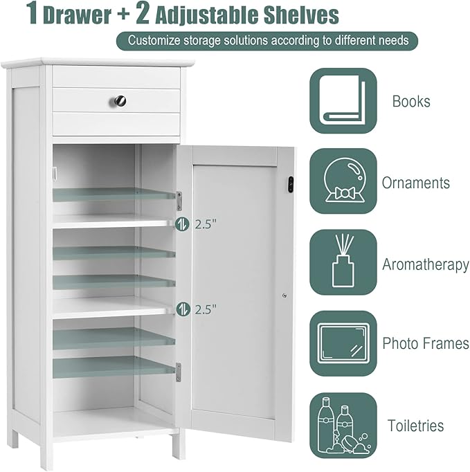 Tangkula Bathroom Floor Cabinet, Wooden Side Storage Organizer, Free-Standing Single Door Floor Storage Cabinet with Large Drawer & 2 Adjustable Shelves for Living Room Kitchen (White)