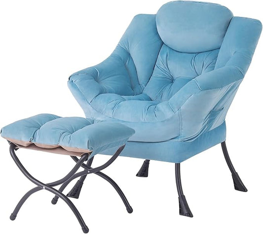 Tiita Lazy Chair with Ottoman, Modern Large Accent Lounge Armchair, Comfy Leisure Sofa Reading Chair with Footrest for Bedroom, Living Room, Dorm Rooms, Garden and Courtyard, Velvet Light Blue