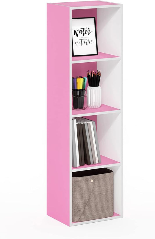 Furinno PASIR Book Shelf, 4-Tier Modern Bookshelf, Open Shelves Bookcase 9 x 12 x 42, for Living Room, Bedroom, Home Office, Pink/White