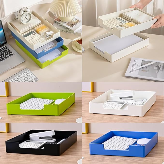 Letter-Size Tray, 2 PCS Desk Drawer Organizer, A4 Stackable Plastic Paper Tray for Office, School, Home Storage, and Storage Containers for Christmas Ornaments, Gift Wrap, and Crafts (2X Black)