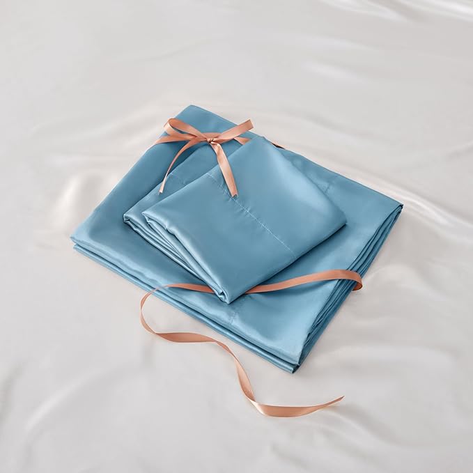 BEDELITE Satin Sheets Queen Size Bed Set, Luxury Soft Airy Blue Silky Sheets for Hair and Skin, Similar to Silk Bed Sheets Set 4 Pieces with 1 Deep Pocket Fitted Sheet, 1 Flat Sheet, and 2 Pillowcases