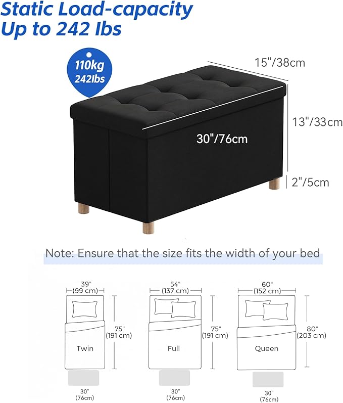 BRIAN & DANY 30 Inches Folding Storage Ottoman Bench, Ottoman with Storage Bench for Bedroom, Living Room, Entryway, Foot Rest with Legs, Black
