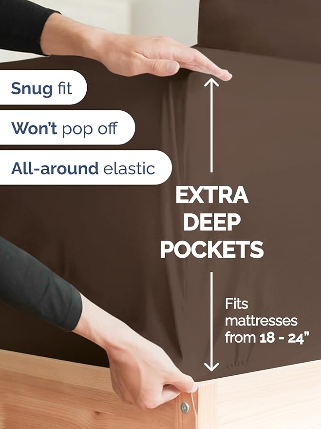 Extra Deep Pocket Full Sheets - 4 Piece Breathable & Cooling Bed Sheets - Hotel Luxury Bed Sheet Set - Soft, Wrinkle Free & Comfy - Easily Fits Extra Deep Mattresses - Deep Pocket Brown Sheets Set