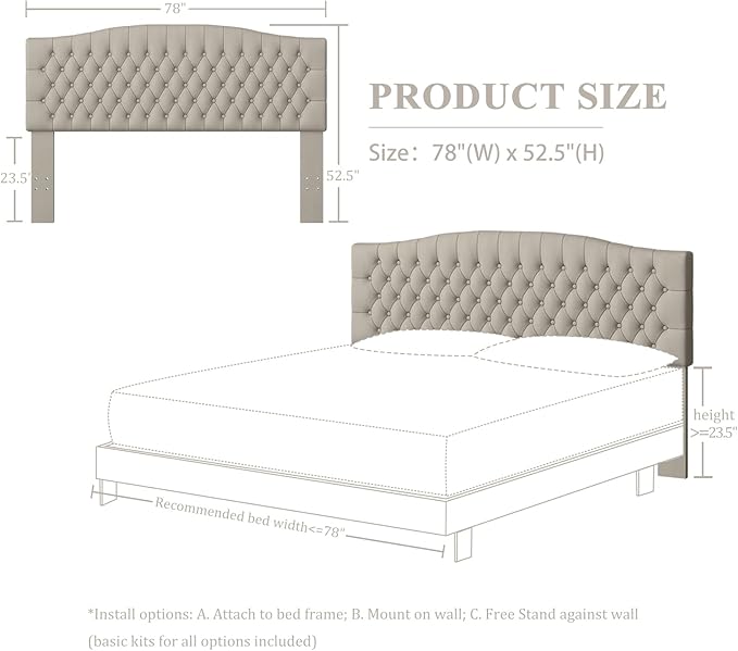 Velvet Upholstered Headboard King/Cal King Size Latest Model Wall Mount, Bed Frame Mount, Featuring High-Density Sponge Padding, Luxury Texture Easy Assembly and Style-Taupe