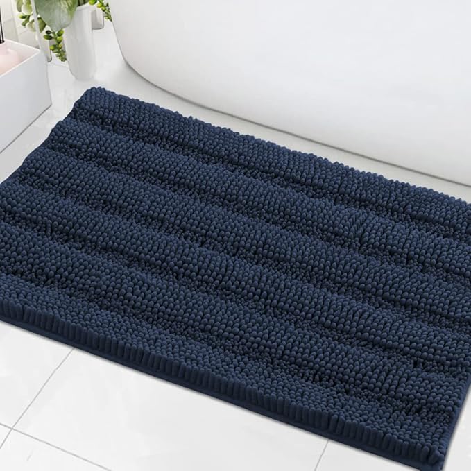 H.VERSAILTEX Bath Mats for Bathroom Non Slip Extra Thick Chenille Striped Bath Rug 24" x 36" Absorbent Non Skid Fluffy Soft Shaggy Rugs Washable Dry Fast Plush Mats for Indoor, Bath Room, Tub - Navy
