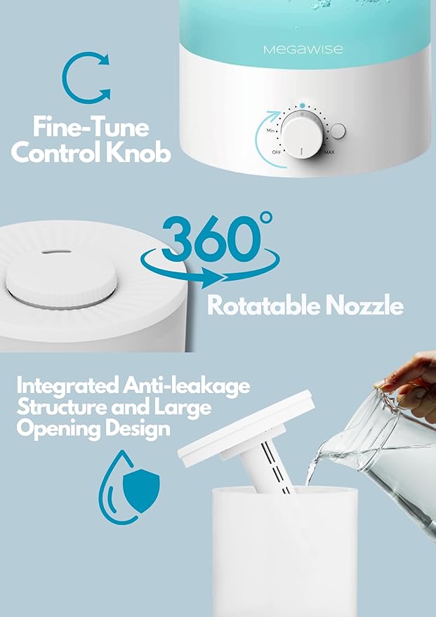 MEGAWISE 2 pack 3.5L Ultrasonic Cool Mist Humidifier – Top-Fill, Essential Oil Diffuser, Quiet Operation, Night Light, Auto Shut-Off for Home & Office (2)