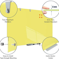 TSJ OFFICE Glass Dry-Erase Board - 36 x 24 Inches Wall Mounted Magnetic Whiteboard, Large Frameless Glass White Board for Office, Home & School, Yellow