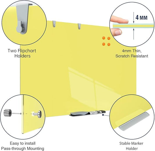 TSJ OFFICE Glass Dry-Erase Board - 36 x 24 Inches Wall Mounted Magnetic Whiteboard, Large Frameless Glass White Board for Office, Home & School, Yellow