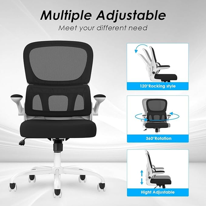 Soohow Office Chair, Mesh Ergonomic Office Chair with Lumbar Support, Comfy Swivel Computer Desk Chair with Flip Armrest Rolling Wheels for Home Study Room Office, White & Black