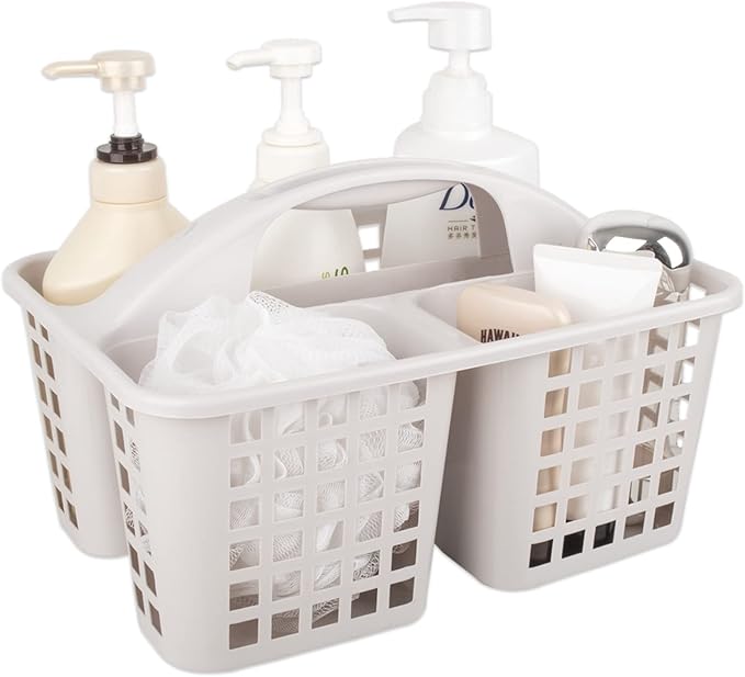 Portable Shower Caddy Basket with Compartments Cleaning Supplies Organizer with Handle Plastic Storage Divided Tool Bin for Bathroom, Bedroom, Kitchen, College Dorm, Garden, Under Sink, Light Grey