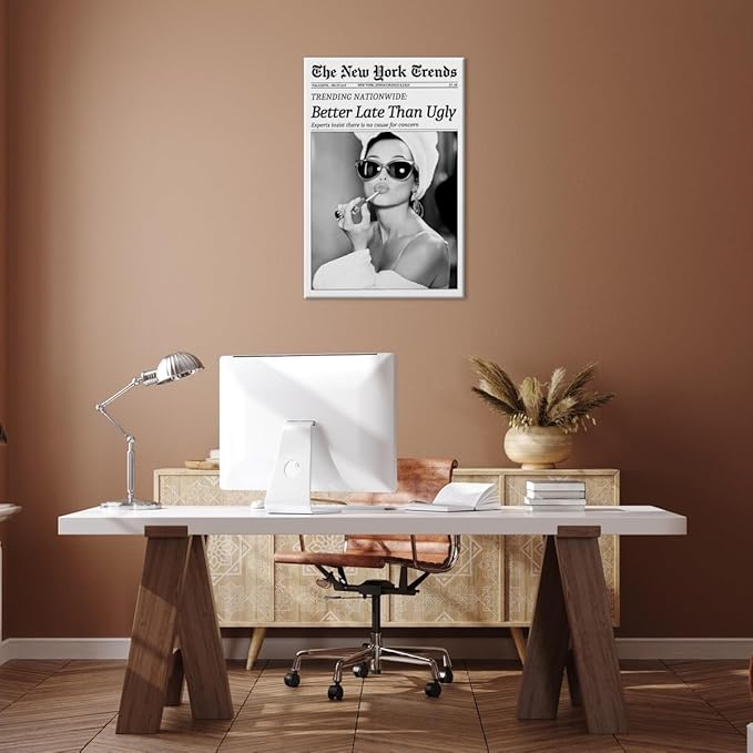 New York Trends Wall Art Black and White Newspaper Better Late Than Ugly Poster Canvas Prints Funky Feminist Posters Trendy College Wall Decor for Bar Cart Girl Dorm Room Bathroom Decorative 16x24inch Framed