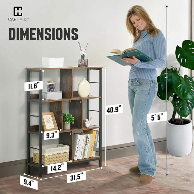 CAPHAUS 7 Cube Storage Organizer, 32” Wide 3 Tier Rustic Oak Industrial Open Shelf Bookcase, Display Shelf, Horizontal Bookshelf with Metal Frame, Wooden Board, for Living Room, Bedroom, Office