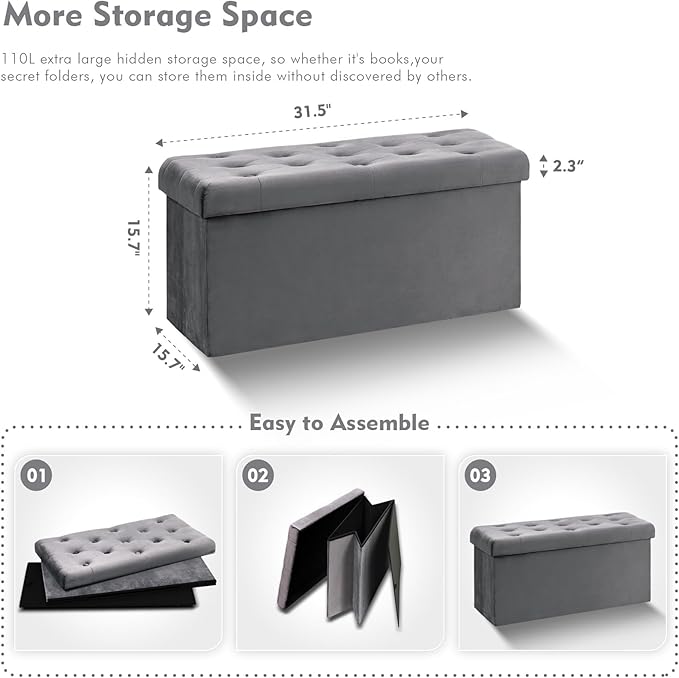 B FSOBEIIALEO Folding Storage Ottoman, Long Ottomans Shoes Bench, Velvet Storaeg Chest Footrest Seat 31.5"x15.7"x15.7" (Grey, Large)