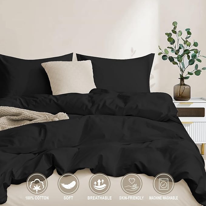 100-Percent Cotton Duvet Cover Set, Hidden Zipper Closure, Ultra Soft, Easy Care and Durable, Simple Bedding Style, Queen, Black (Comforter Not Included)