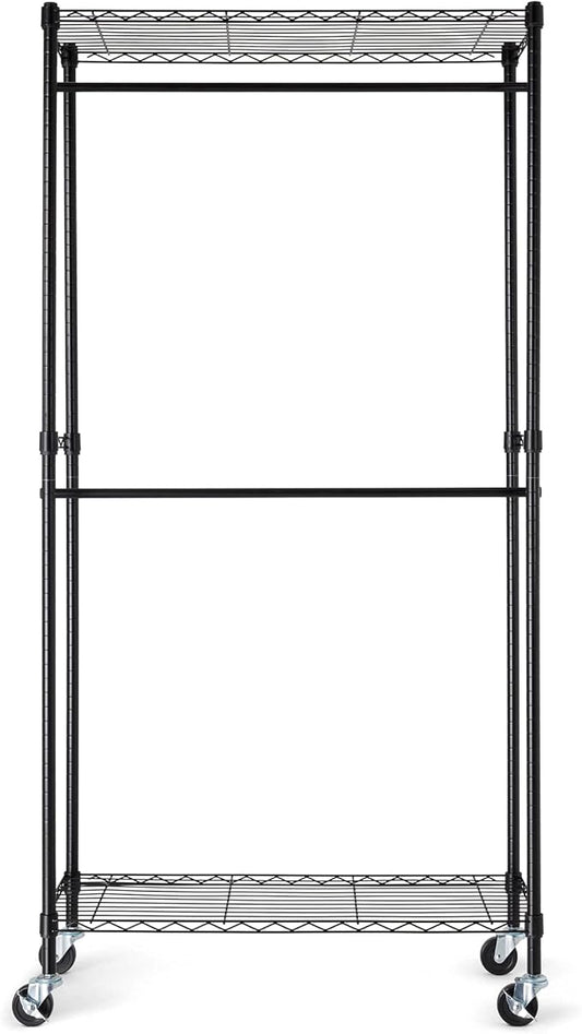 Amazon Basics Adjustable, Double Hanging Rod Garment Rolling Closet Organizer Rack with Wheels, Heavy Duty, Black, 36'' x 14'' x 72'', WI-GAR1436B