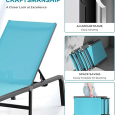 Aluminum Chaise Lounge Ourdoor - Foldable & Assemble Free Outdoor Lounge Chair with 5 Adjustable Backrest, Patio Lounge Chair for Outside Poolside Beach Pool, Lake Blue