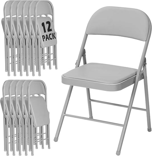 12 Pack Gray Folding Chairs with Padded Cushion for Outside, Portable Stackable Commercial Metal Foldable Chairs with Steel Frame for Home Events Office Wedding Party, 350lbs Capacity