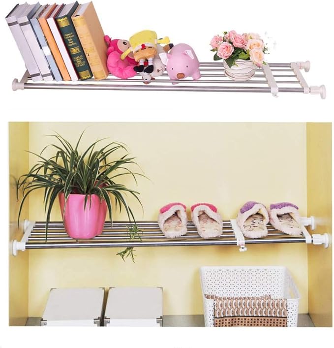 BAOYOUNI Adjustable Closet Tension Shelf Rod Expandable Clothes Hanging Rail Pole Dividers Wardrobe Space Saving Storage Organizer Ivory, 46.85-75 Inches