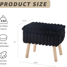 Wimarsbon Storage Ottoman,Soft Faux Fur Footstool with Padded Seat, Small Reading Vanity Chair, Footrest with Wood Tray for Couch, Mini Coffee Table or Display Stand (Black, Rectangular Storage)