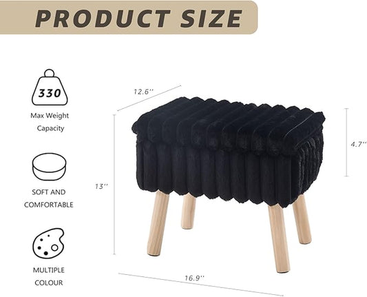 Wimarsbon Storage Ottoman,Soft Faux Fur Footstool with Padded Seat, Small Reading Vanity Chair, Footrest with Wood Tray for Couch, Mini Coffee Table or Display Stand (Black, Rectangular Storage)