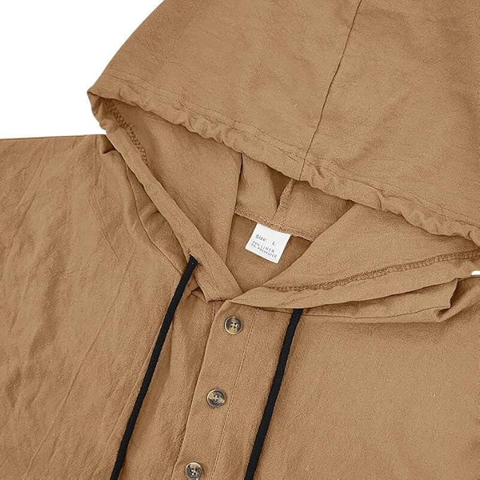 Men's Linen Blend Hoodie Long Sleeve Henley Pullover Sweatshirt Casual Loose Fit Top for Workout Beach Wear