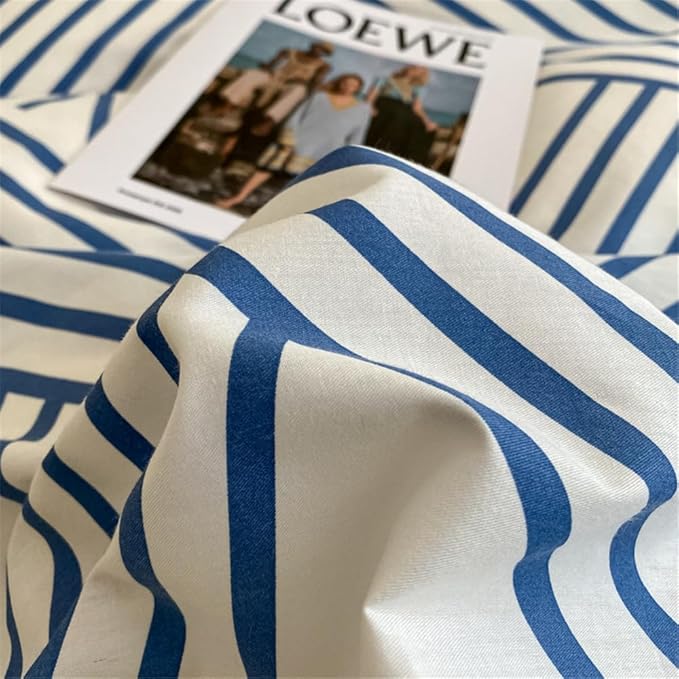 VM VOUGEMARKET Blue Geometric Duvet Cover Set, 100% Cotton Stripes Bedding Set,3 Pieces Instagram Style Simple Modern Duvet Cover with 2 Pillowcases-Queen,Blue Stripes