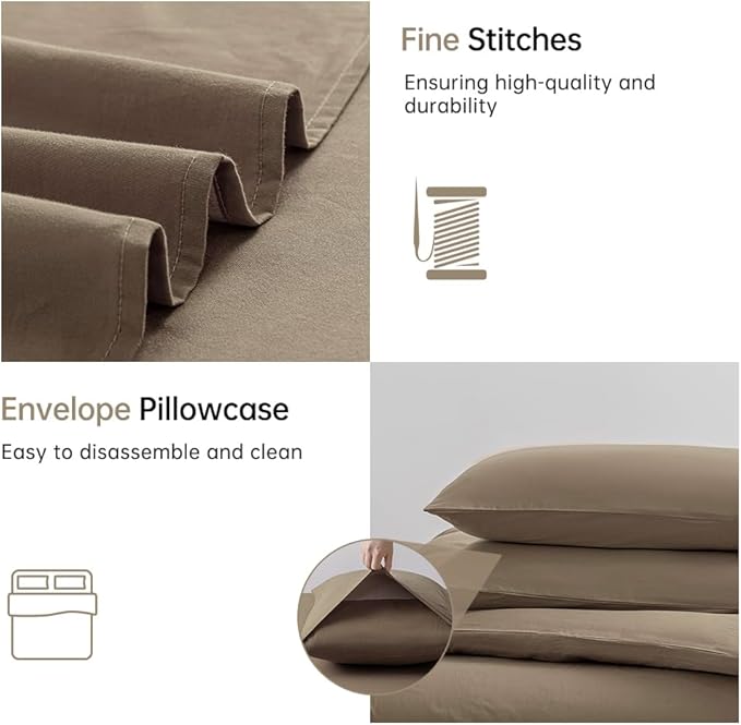 JELLYMONI Khaki Duvet Cover Queen Size - 100% Washed Cotton Linen Like Textured Comforter Cover, 3 Pieces Breathable Soft Bedding Set with Zipper Closure (Khaki, Queen 90"x90")