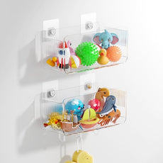 Bath Toy Storage Holder, 2 Pack Large Capacity Clear Adhesive Shower Caddy & Bathtub Organizer with Quick-Dry Holes, No Drill Wall Mounted for Bathroom, Kitchen
