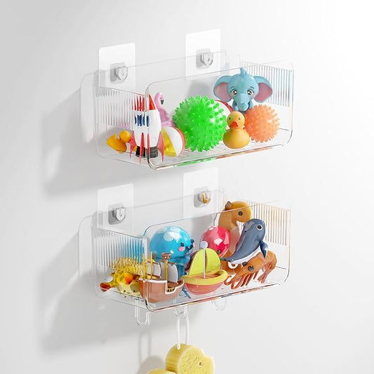 Bath Toy Storage Holder, 2 Pack Large Capacity Clear Adhesive Shower Caddy & Bathtub Organizer with Quick-Dry Holes, No Drill Wall Mounted for Bathroom, Kitchen