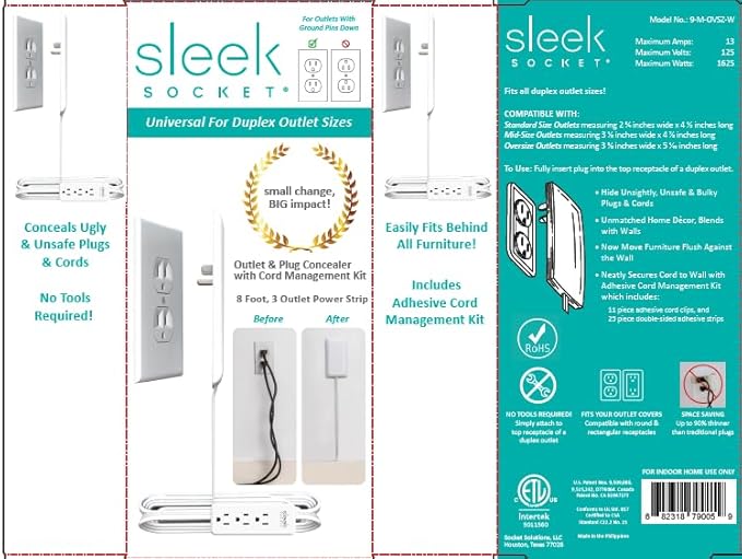 Sleek Socket Original & Patented Ultra-Thin Outlet Concealer with Cord Concealer Kit, Flat Extension Cord with Multi Outlets Power Strip, Ideal for Home Improvement, Hide Bulky and Messy Cords