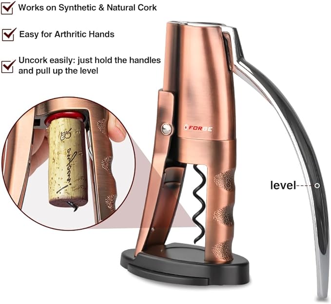 Forge Quality Compact Vertical Lever Corkscrew Wine Opener with Foil Cutter. 3 Seconds to Open a Bottle of Wine. Metallic Bronze