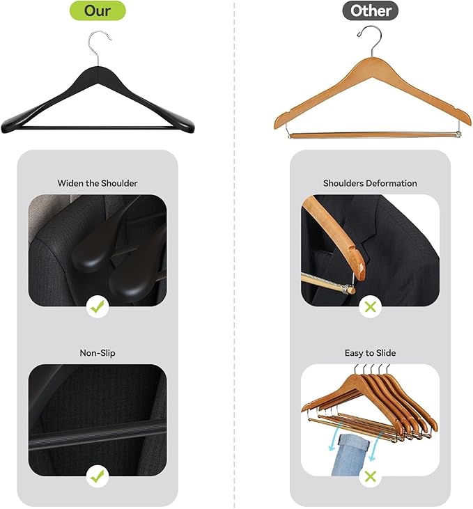 Solid Wood Suit Hangers, 6 Pack, Coat Hangers with Non Slip Trouser Bar, 360° Swivel Hook, Heavy Duty Wide for Suit, Coat, Jacket, Trousers, Pants,17.3" W x 9" H, Black AWY0406B