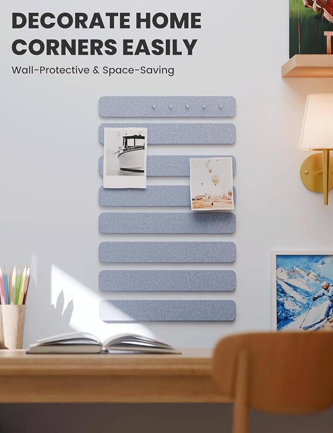 Cork Board Alternative Felt Strip Board 8-Pack 13"x2", Office Pin Board with 50 Push Pins, Adhesive Install for Bedroom Door & Home Office(Soft Periwinkle)