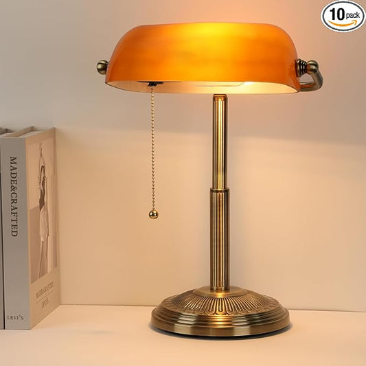LINNMON Bankers Desk Lamp, Amber Retro Lamp, Vintage Lamp with Pull Chain Switch for Home Office (Brass+Amber)
