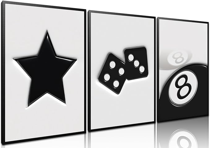 Black And White Dice Canvas Wall Art Set Of 3,Funky Retro Y2k 8 Ball Wall Decor Paintings, Funky Lucky Preppy Posters Prints Pictures For Game Room Apartment Dorm Teenager Room 16x24in Framed