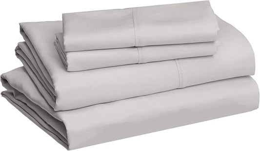 Amazon Basics Lightweight Super Soft Comfortable Easy Care Microfiber 4 Piece Bed Sheet Set with 14-Inch Deep Pockets, Queen, Light Gray, Solid
