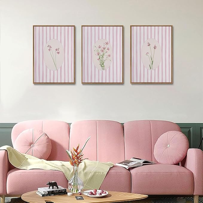 KISSFOX 3 Piece Floral Framed Wall Art Pink Wildflower Canvas Wall Art Flower Pictures Wall Decor Boho Botanical Paintings Poster Wall Decor For Girly Room Bedroom Apartment Dorm Living Room