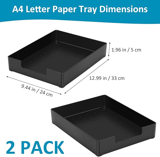Letter Size A4 Papers Tray Desk Drawer Organizer Tray A4 Plastic Letter Paper Stationery Desk Accessories, Black Holder File Organization for Office, School, Home Storage (2 Pack)