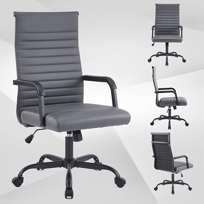 Office Chair, Ergonomic Executive Conference Room Chairs, Ribbed Leather Desk Chair with Lumbar Support, Adjustable Height Mid-Back Swivel Chair with Padded Seat and Square Tube Armrests