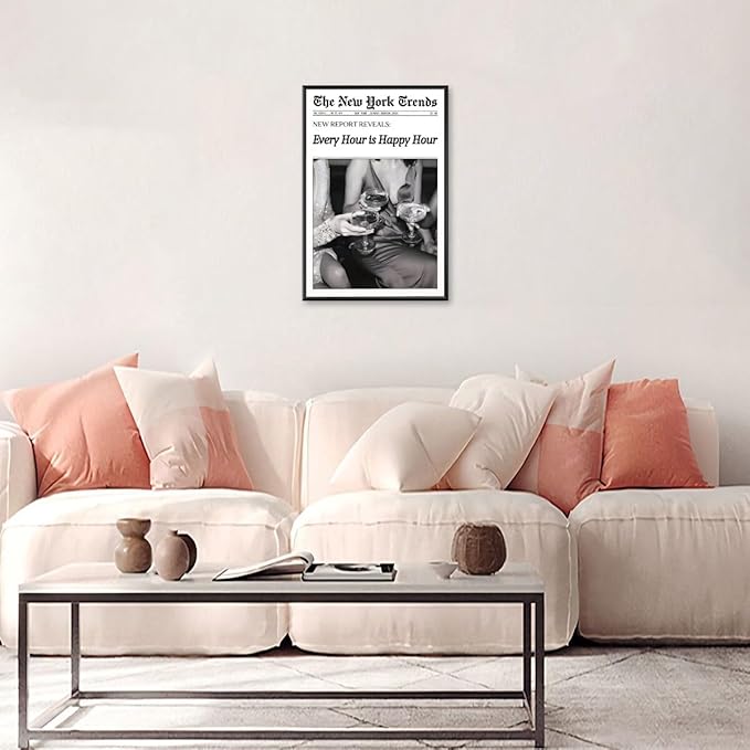 Retro New York Trends Wall Art Black and White Newspaper Poster Every Hour Is Happy Hour Canvas Prints Funky Feminist Posters Trendy Alcohol Wall Decor for Bar Cart Hot Girl Dorm Room Decorative 12x16inch black framed