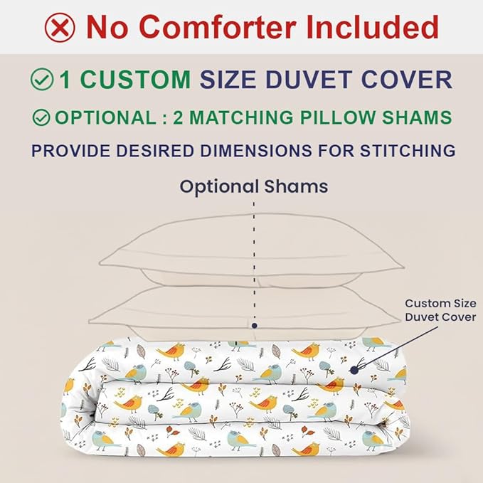Kotton Culture Custom Duvet Cover -100% Egyptian Cotton Sateen 600 Thread Count Soft Breathable Durable Customizable Comforter Cover(Desired Dimensions)- Zipper Closure & 7 Internal Ties-Forest Birds